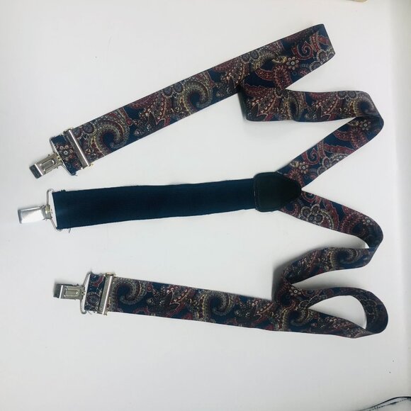Vintage Unbranded Navy Blue Elasticated Paisley Pattern Braces With Metal Clips - Picture 1 of 7